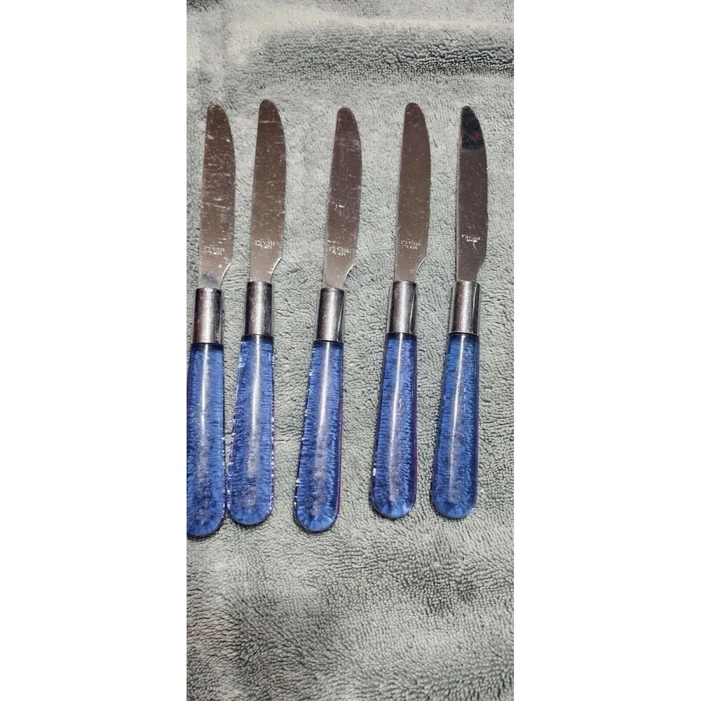 Vtg Flatware Stainless Steel Silverware 10 Settings Blue Lucite Plastic